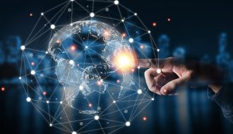 Hand touching virtual world with connection network. Global data information and technology exchange.